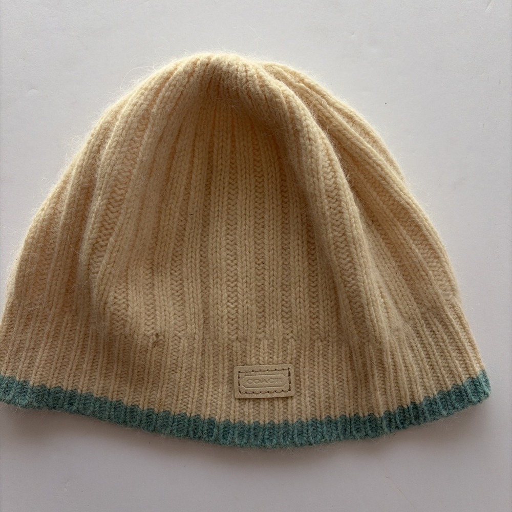 Coach Ribbed Knit Beanie Wool‎ Cashmere Angora Ivory Teal Trim Hat - Read
